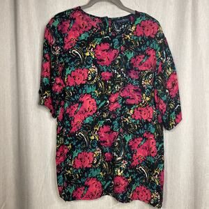 HUNTERS RUN Short Sleeve Blouse - Pullover Pink Floral Rayon Women's Size Large